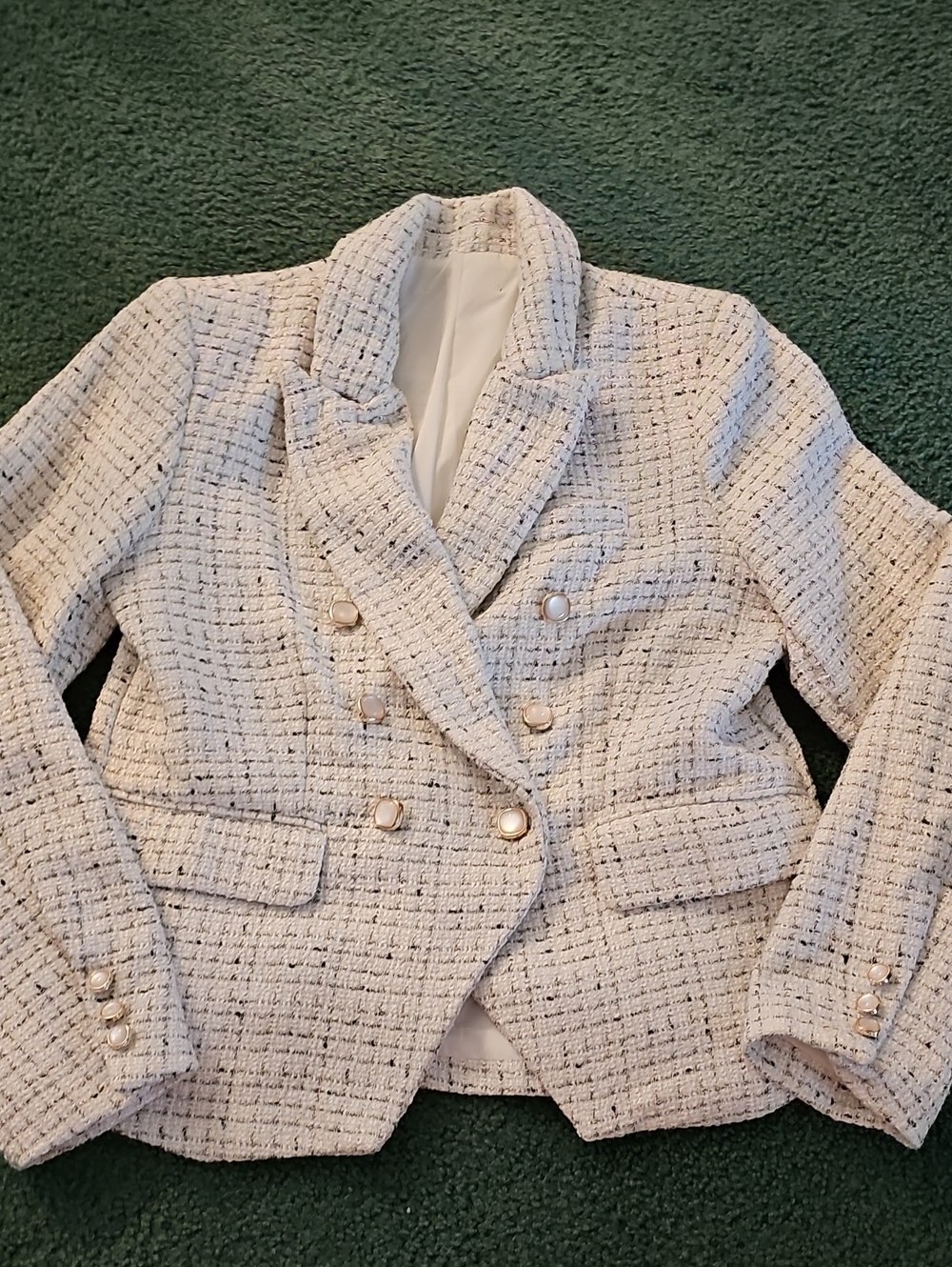 Classic Double-Breasted Tweed Blazer Jacket - White